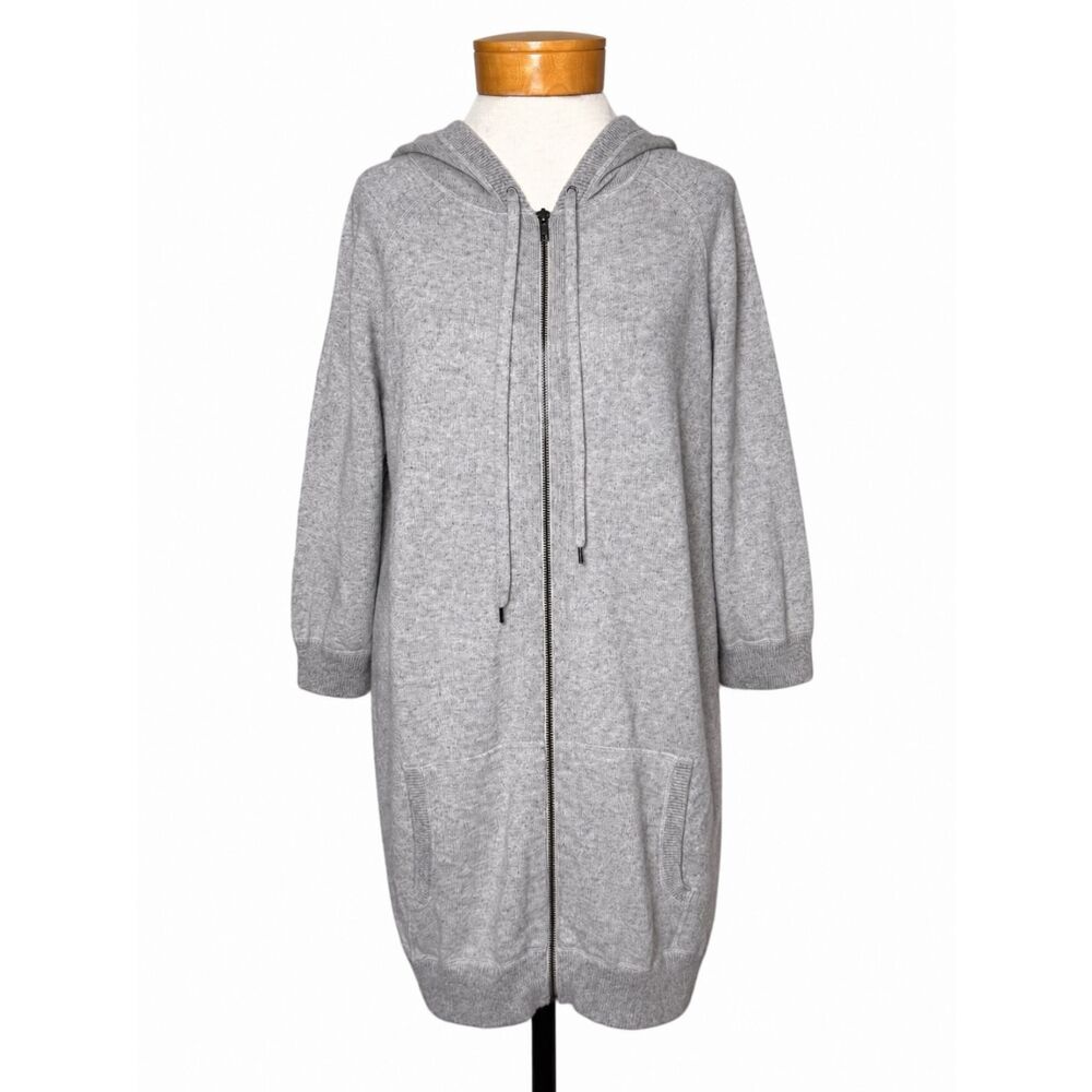 360 Cashmere Grey Knit Zip Hoodie Sweater Dress Tunic Women's Large Angora Wool